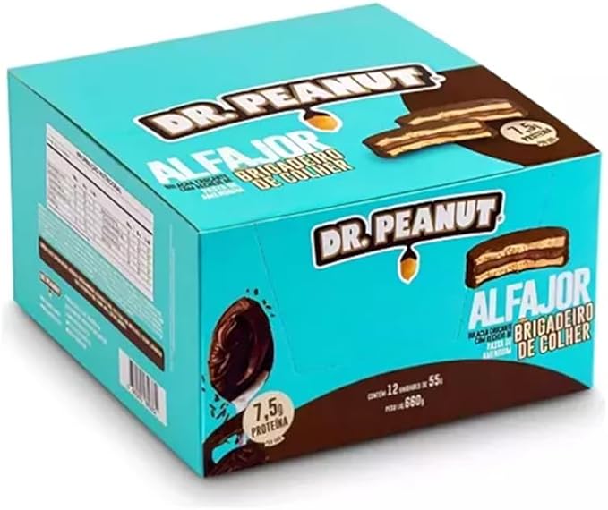 Caixa com 12un 55g cada Alfajor Dr. Peanut C/ Whey Protein sabor brigadeiro de colher